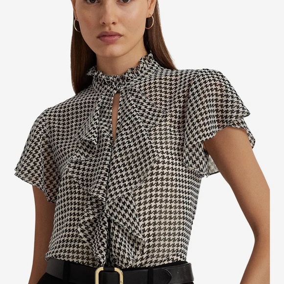 LAUREN Ralph Lauren  Houndstooth Ruffle-Trim Chiffon Blouse/size XL/nwt - Picture 2 of 4